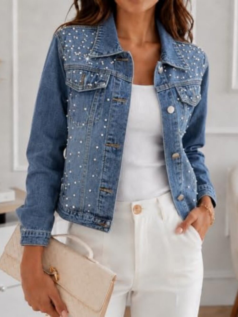 Trendy Pearl Denim Jacket with Rhinestone Buttons - Stylish Jean Outerwear for - Picture 4 of 6